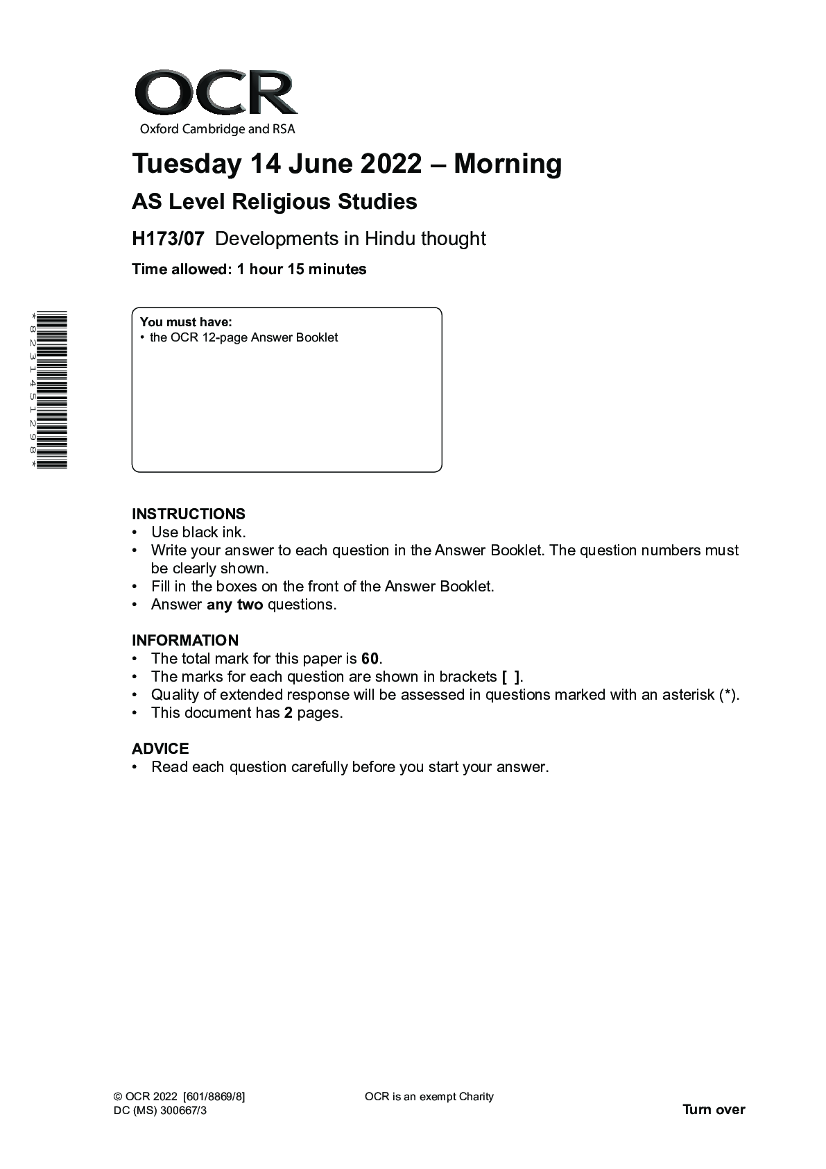 Preview of OCR AS Level Religious Studies Paper 7 H173-07 Developments in Hindu Thought June 2022 QUE
